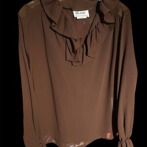 Vintage Long Sleeve Cascade Collar Ruffle Sleeve Brown Polyester Sheer Blouse10